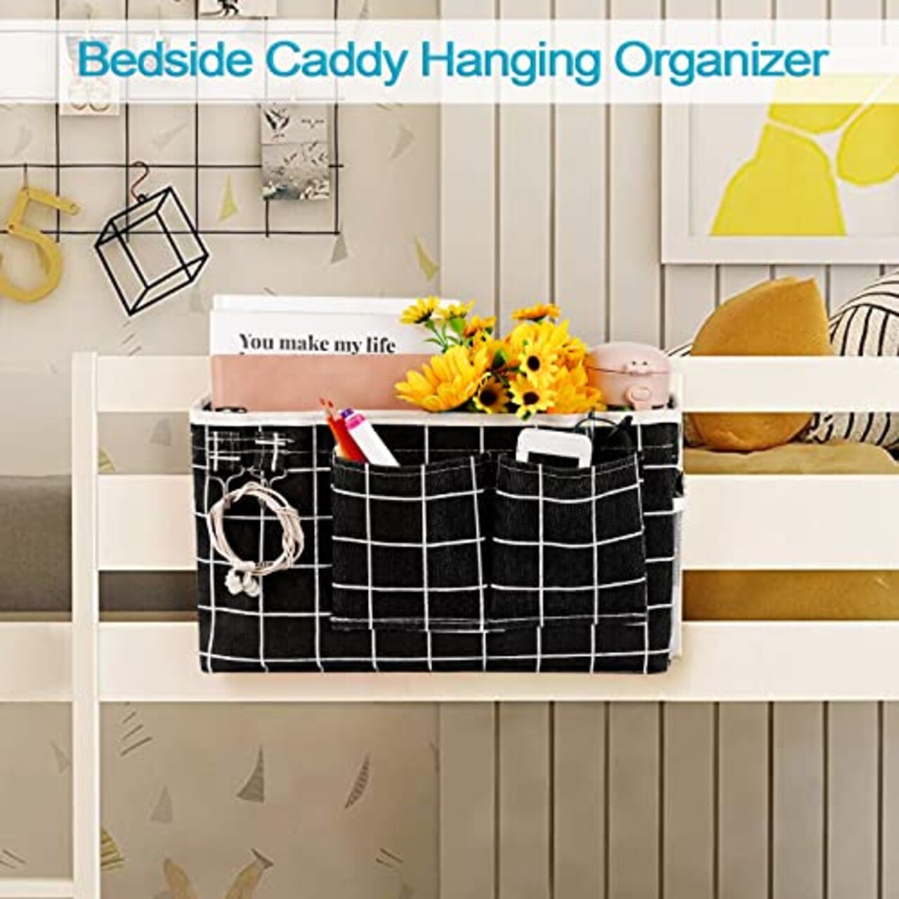 Bedside Caddy/Bedside Storage Bag Hanging Organizer for Bunk and Hospital Beds,Dorm Rooms Bed Rails,Can be Placed Glasses,Books,Mobile Phones,Keys (Black Lattice)